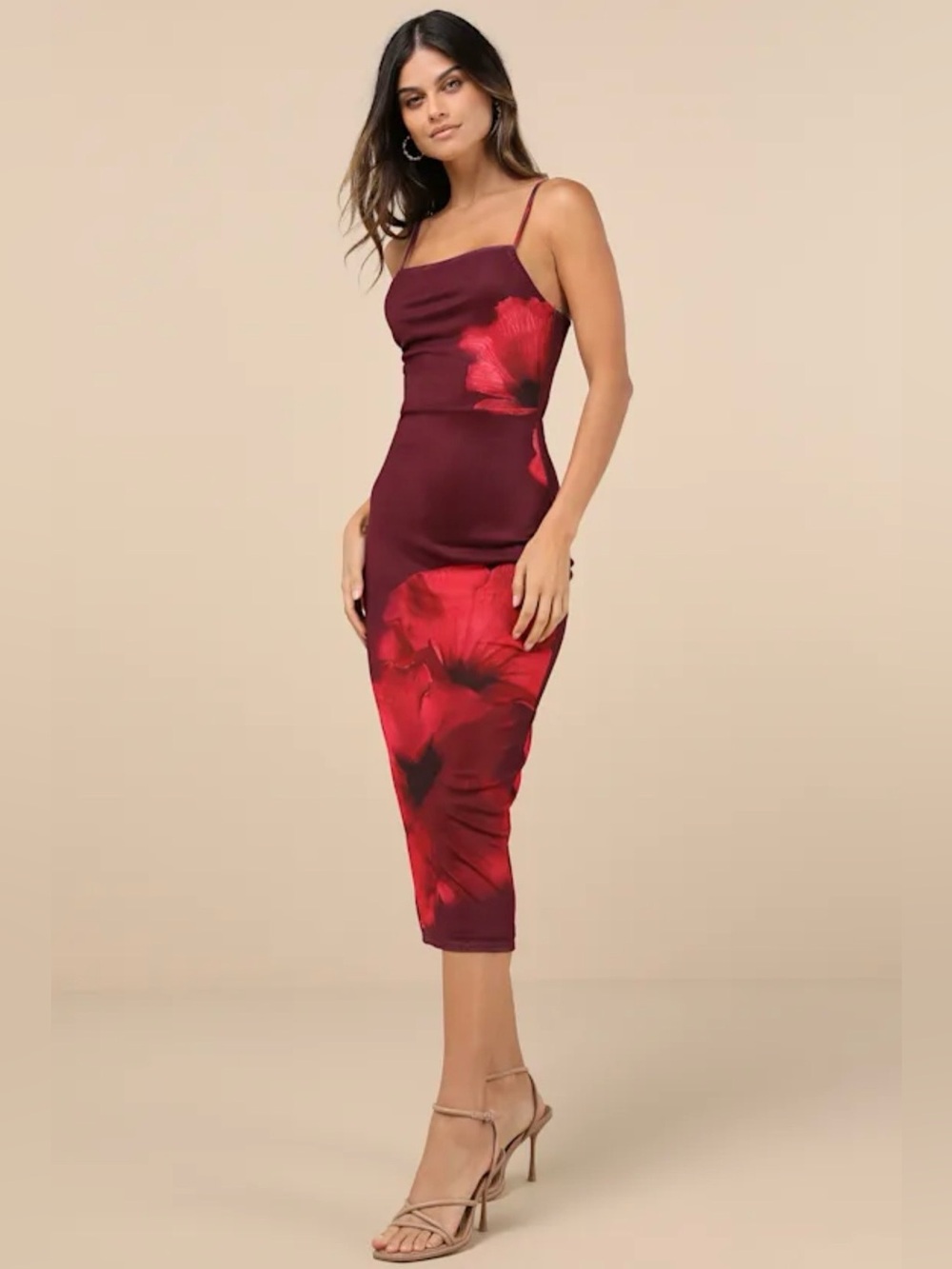 Jaela Burgundy Floral Mesh Sleeveless Bodycon Midi Dress